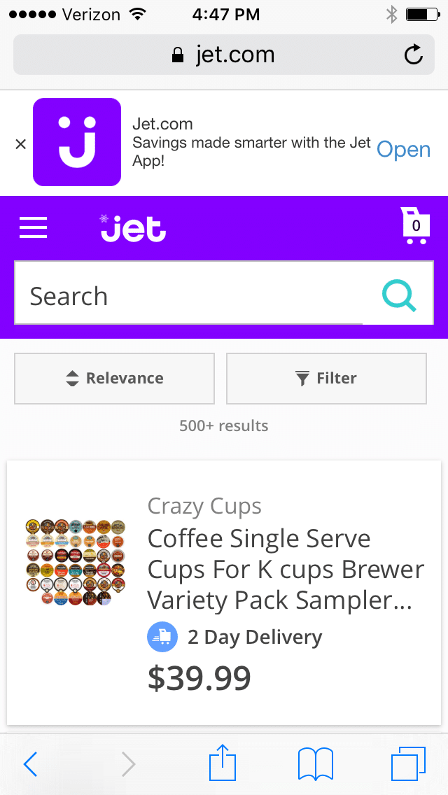 Search bar with options for relevance, filter, and displaying over 500 results for Crazy Cups Coffee.