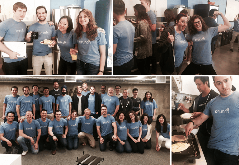 A group of people wearing matching blue "branch" t-shirts gather for a casual event, sharing food and drinks in a lively atmosphere.