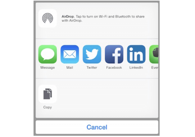 Screenshot of sharing options on an iPhone, featuring AirDrop, messaging apps, social media icons, and a Cancel button.