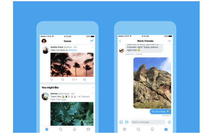 Two smartphone screens displaying a Twitter feed on a blue background, featuring posts and messages from friends.