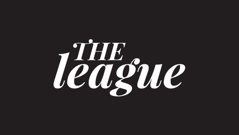 Logo for The League in white text on black background