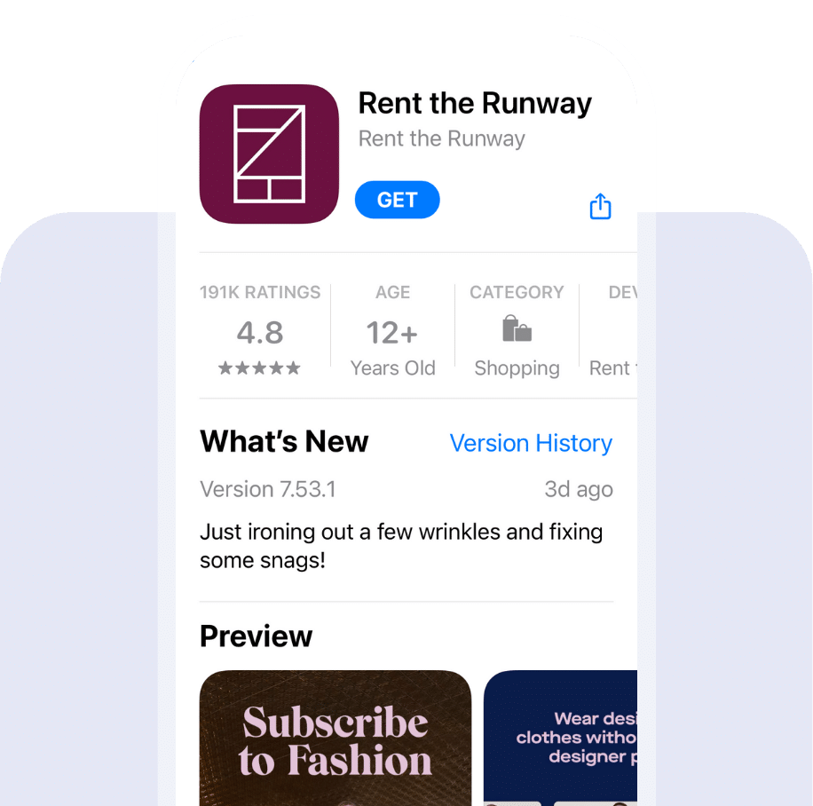 Screenshot of the Rent the Runway app listing in the app store.