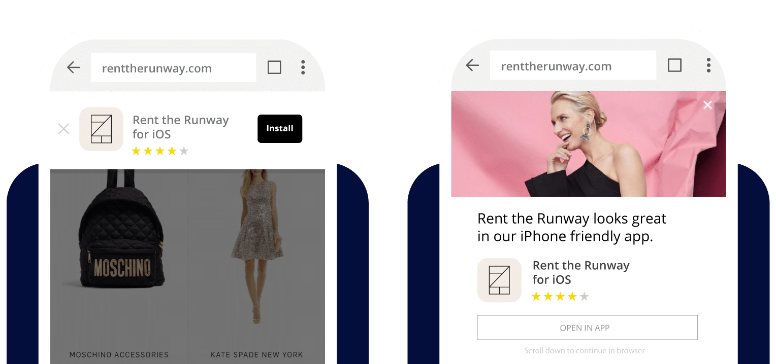 Two images of Journeys banners on Rent the Runway's mobile website: Left: Rent the Runway for iOS, "Install" Right: Rent the Runway looks great in our iPhone friendly app, "Open in app."