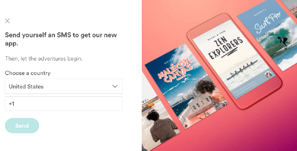 Screenshot of an Airbnb desktop web banner: "Send yourself an SMS to get our new app. Then, let the adventures begin."