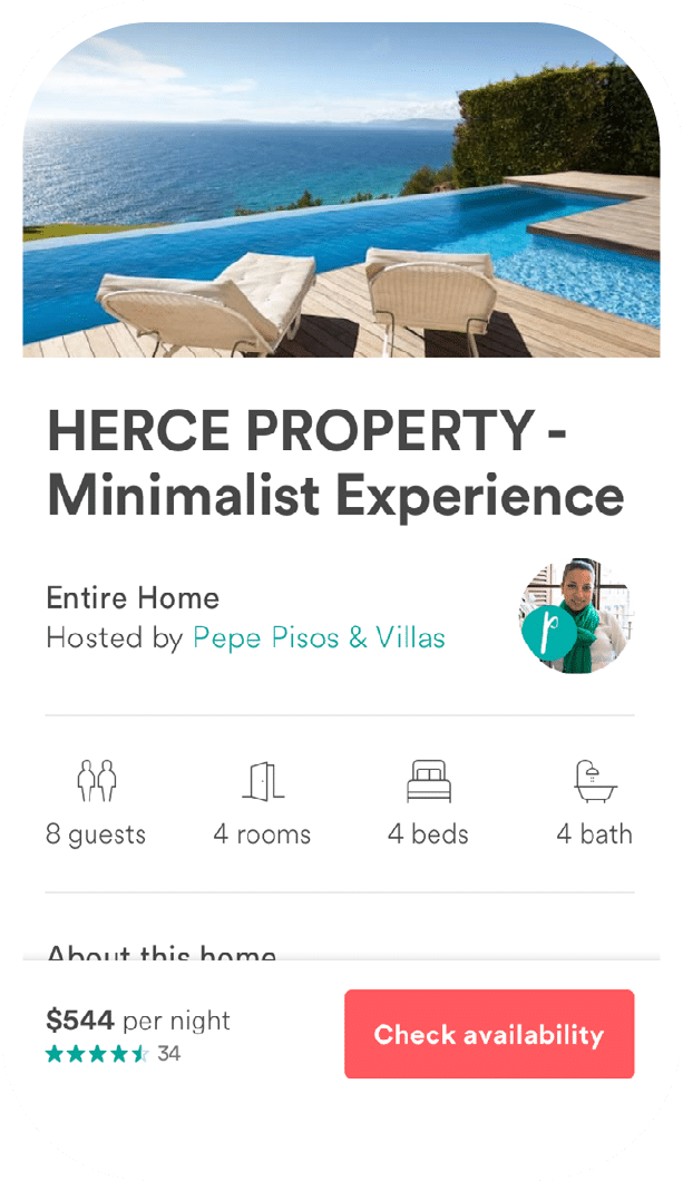 Screenshot of an in-app Airbnb listing: "Herce Property - Minimalist Experience Check availability"