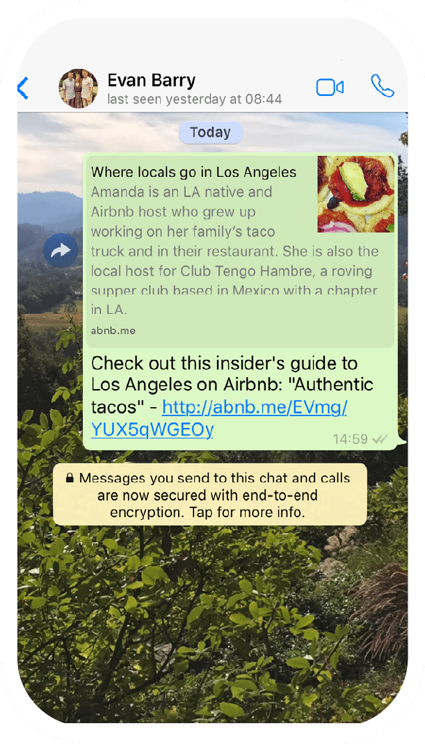Screenshot of a Whatsapp share text: "Check out this insider's guide to Los Angeles on airbnb: 'Authentic tacos.'"