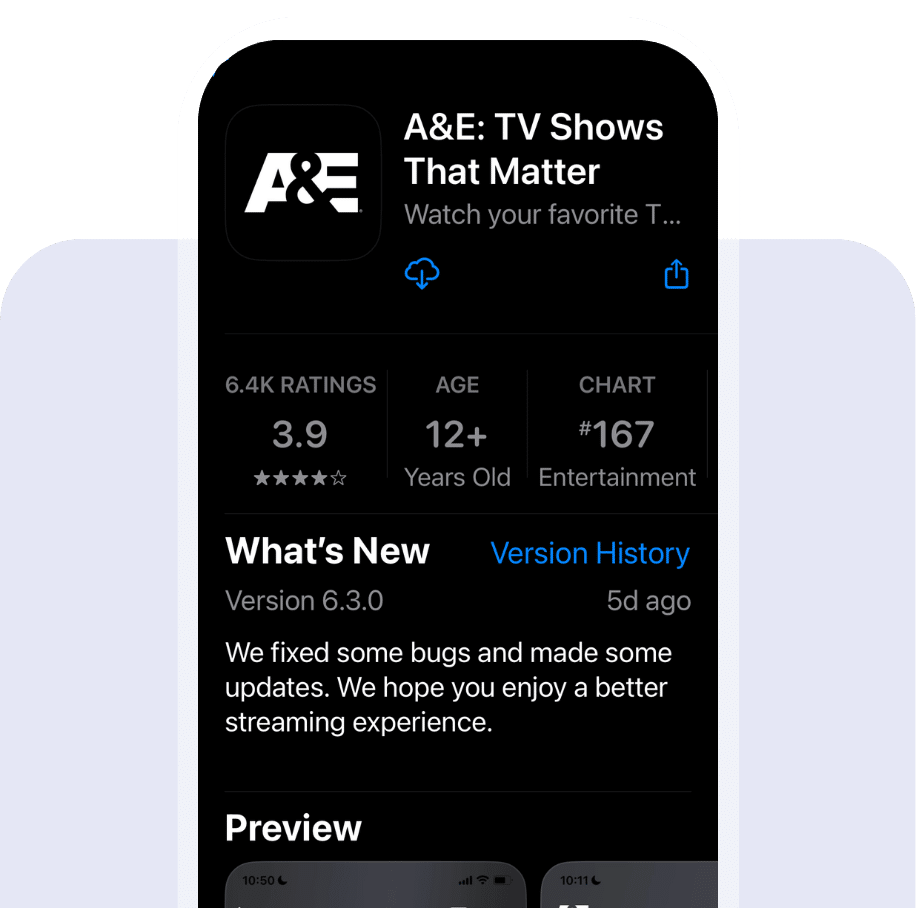 Screenshot of the A+E app listing in the app store.