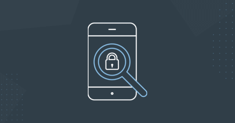 grey background with white phone icon with lock and magnifying glass