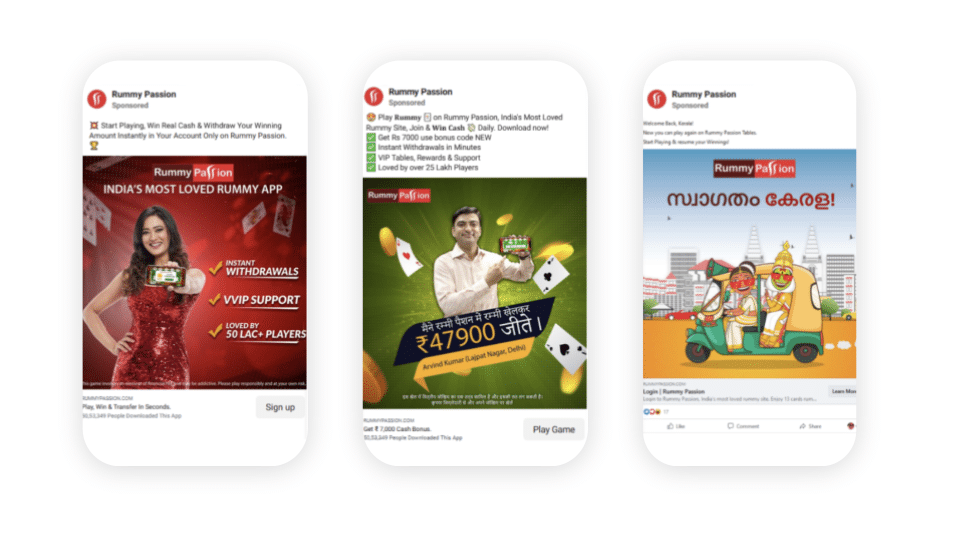 Three screenshots of examples of Rummy Passion’s dynamic and localized mobile ad campaigns.