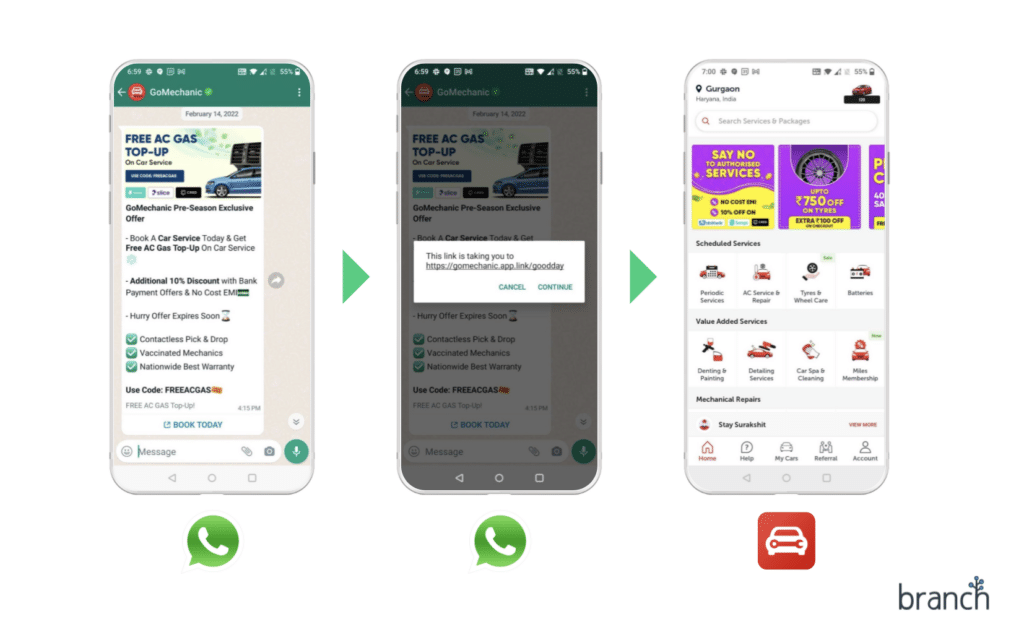Example of how GoMechanic deep links users directly from WhatsApp to their mobile app