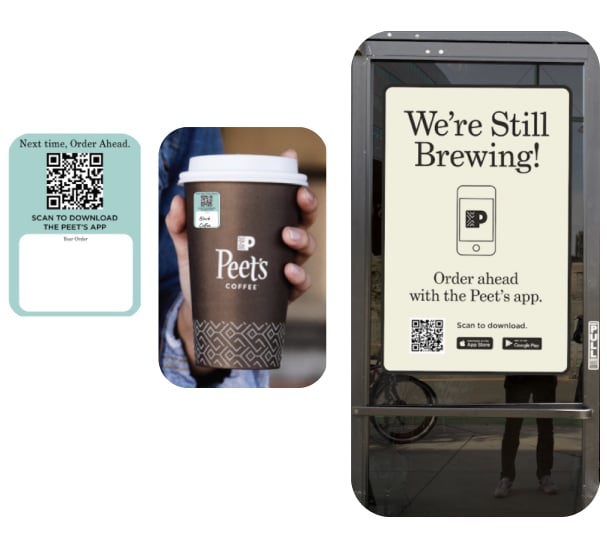 Three images showing different placements of Peet's QR codes: Image 1: Coffee card Image 2: To-go cup Image 3: Sign on Peet's cafe door
