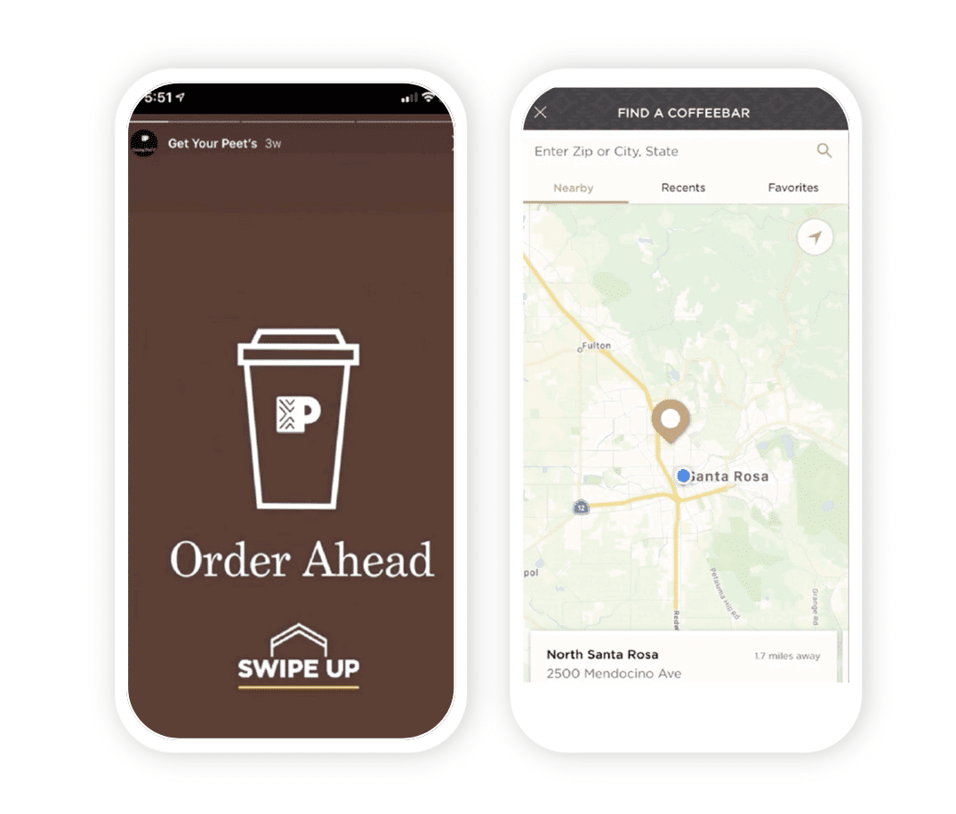Side-by-side phone images showing a user flow from Peet's instagram story. When a user swipes up on the Instagram story, they are directed to the "Find a coffee bar" page on the Peet's mobile web.