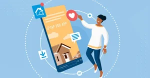 Illustration of a person interacting with a giant smartphone showcasing a house and giving a 'like.'