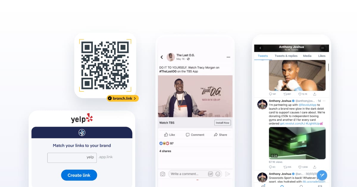 Collage of deep linking techniques, phones and QR codes