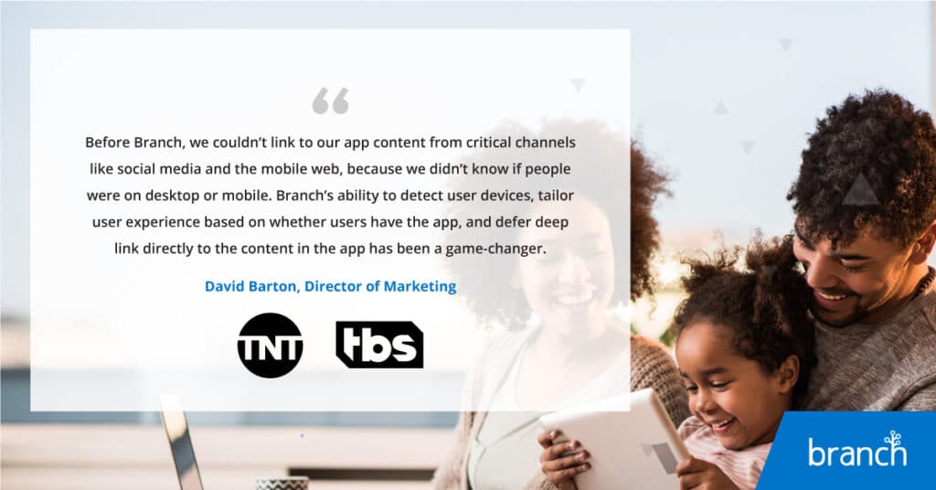 A group of people engaged in a discussion about app linking, with quotes highlighting Branch's impact on user experience and analytics.