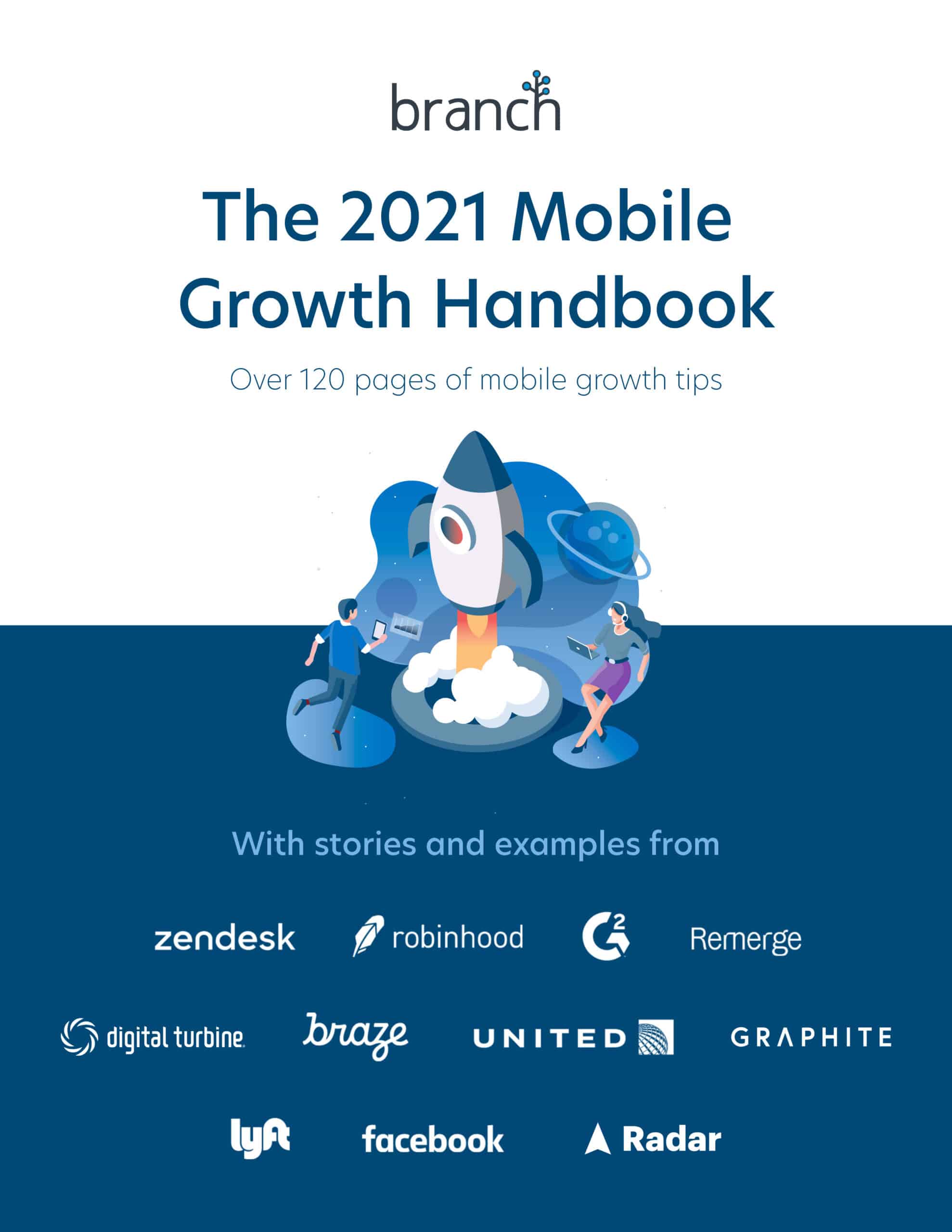 Top-view of a desk with a pen holder, coffee cup, and a book titled “The 2021 Mobile Growth Handbook” by Branch placed at the center.