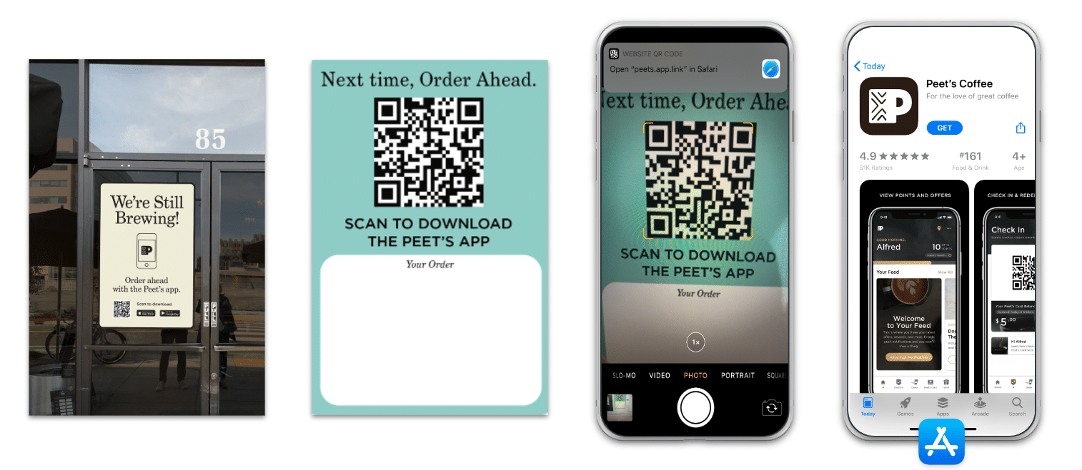 There are four images in a line. The first shows a sign on a restaurant door saying, "We're still brewing!" with the option to scan a QR code to order ahead at Peet's Coffee. The second image shows a receipt that says, "Next time, order ahead" with the option to scan a QR code and download the Peet's app. The third images shows a mobile phone scanning the QR code on the receipt. The fourth image shows a mobile phone open to the app store to download the Peet's Coffee app.