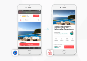 Two smartphones display a booking interface for "Herce Property," showcasing a poolside view and instant booking options.