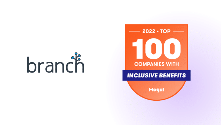 Branch logo next to the Top 100 Companies with Inclusive Benefits by Mogul logo