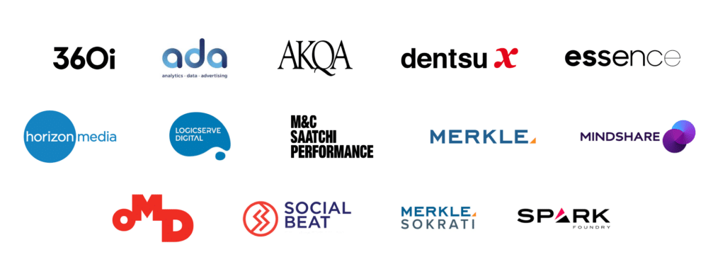 A collage of logos from various advertising and digital marketing agencies, including 360i, AKQA, and Mindshare.