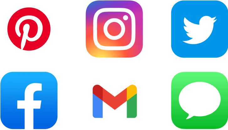 Image of social media icons where you can use Branch links, including Pintrest, Instagram, Twitter, Facebook, Gmail, and WhatsApp.