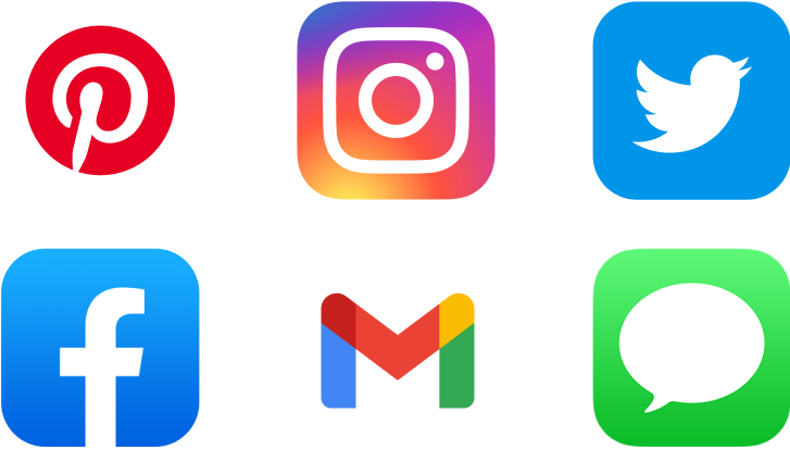 Image of social media icons where you can use Branch links, including Pintrest, Instagram, Twitter, Facebook, Gmail, and WhatsApp.