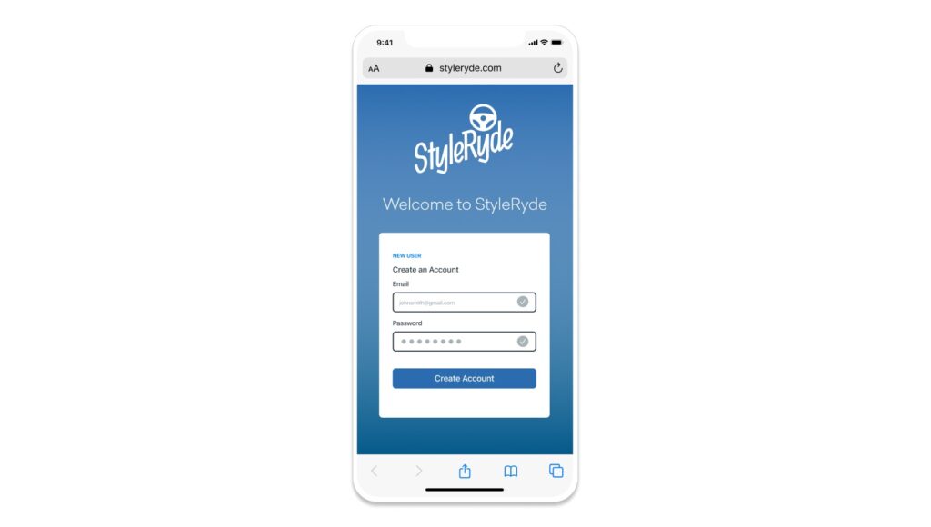 A mobile screen displaying the StyleRyde sign-up page, featuring fields for email and password, with a "Create Account" button.