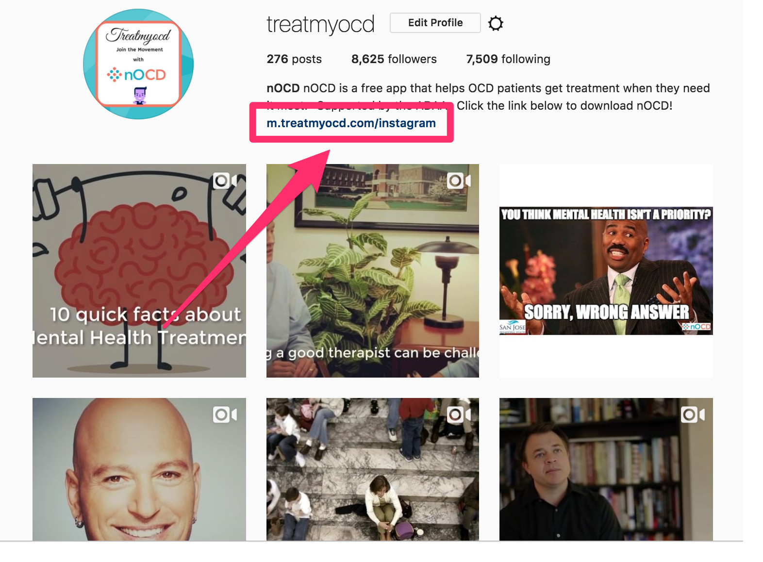 An Instagram post promoting the nOCD app with graphics about mental health treatment and a link to download the app.