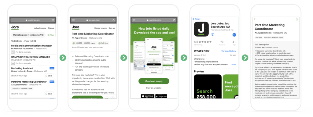 Jora job search app, showcasing job listings, details for a Marketing Coordinator position, and app features.