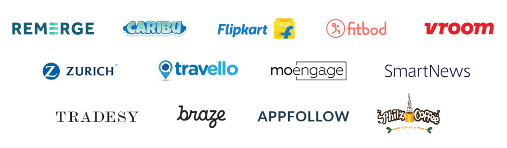 Collage of company logos including Remerge, Caribu, Flipkart, Fitbod, Vroom, Zurich, Travello, MoEngage, SmartNews, Tradesy, Braze, AppFollow, and Philz Coffee