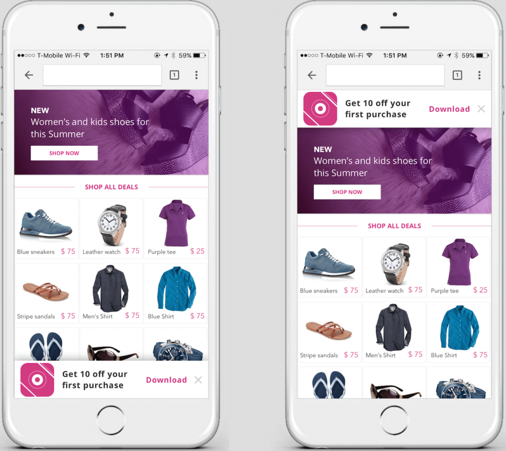 Image of mobile banners prompting users to download the app using Branch's Journeys