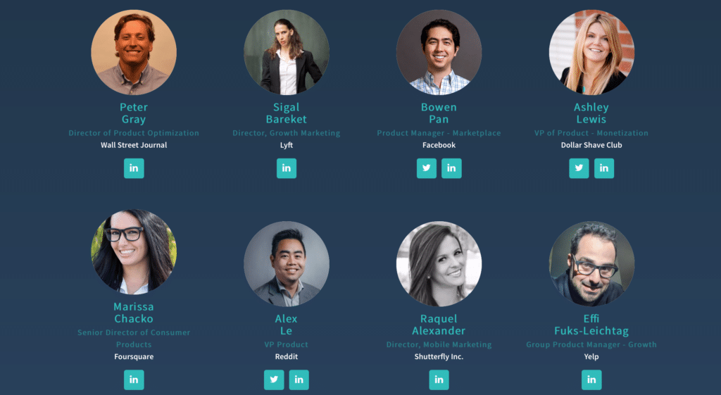 Grid of professionals with job titles and company affiliations, showcasing various roles in product management and marketing.