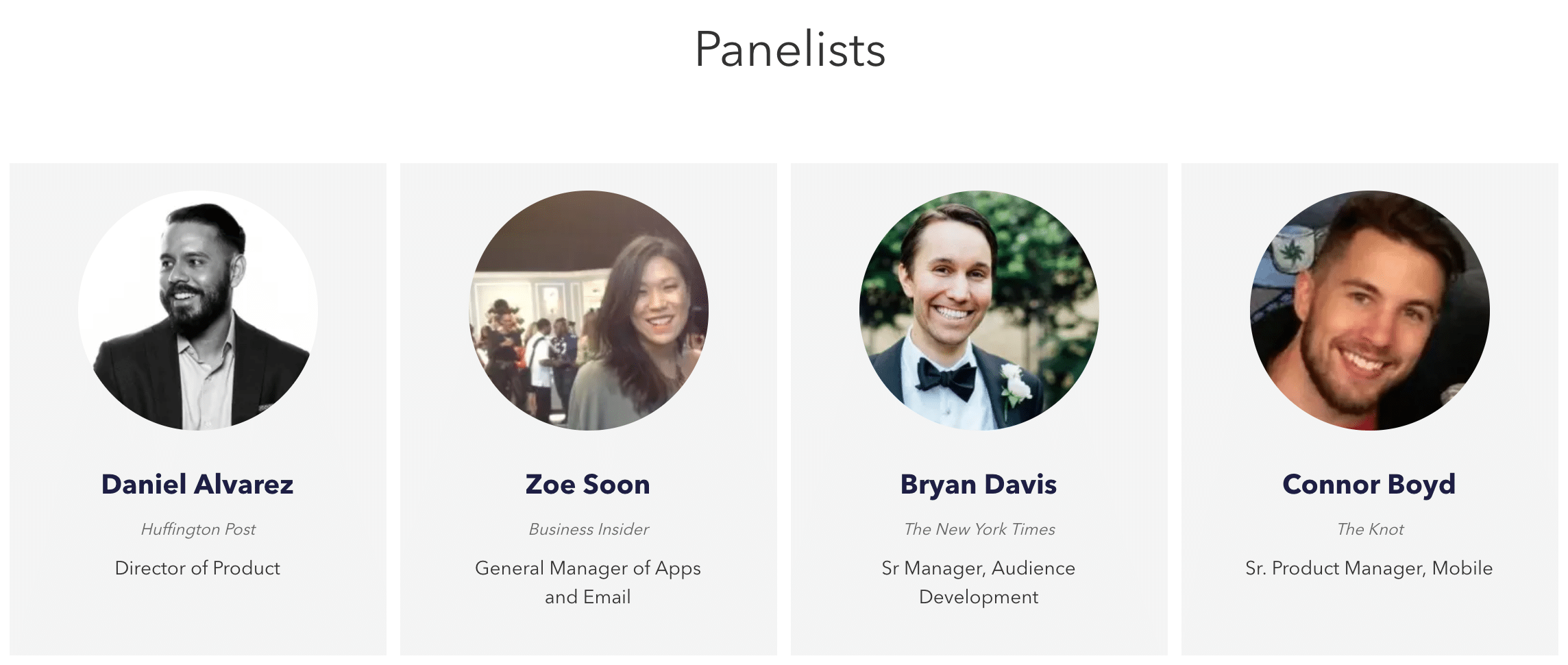 Four panelists are featured: Daniel Alvarez, Zoe Soon, Bryan Davis, and Connor Boyd, with their respective titles and affiliations listed.