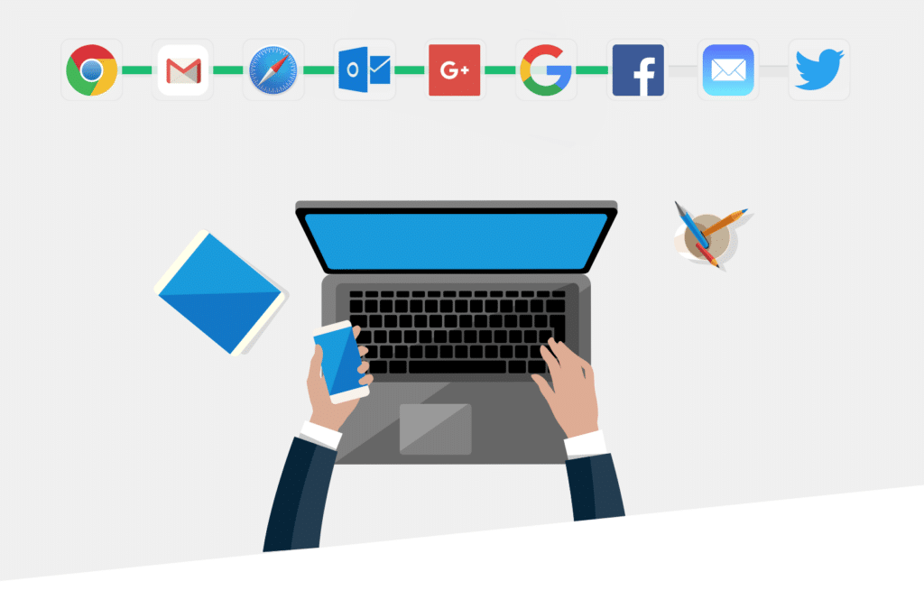 Person using a laptop and phone with popular app icons above, symbolizing cross-platform usage.
