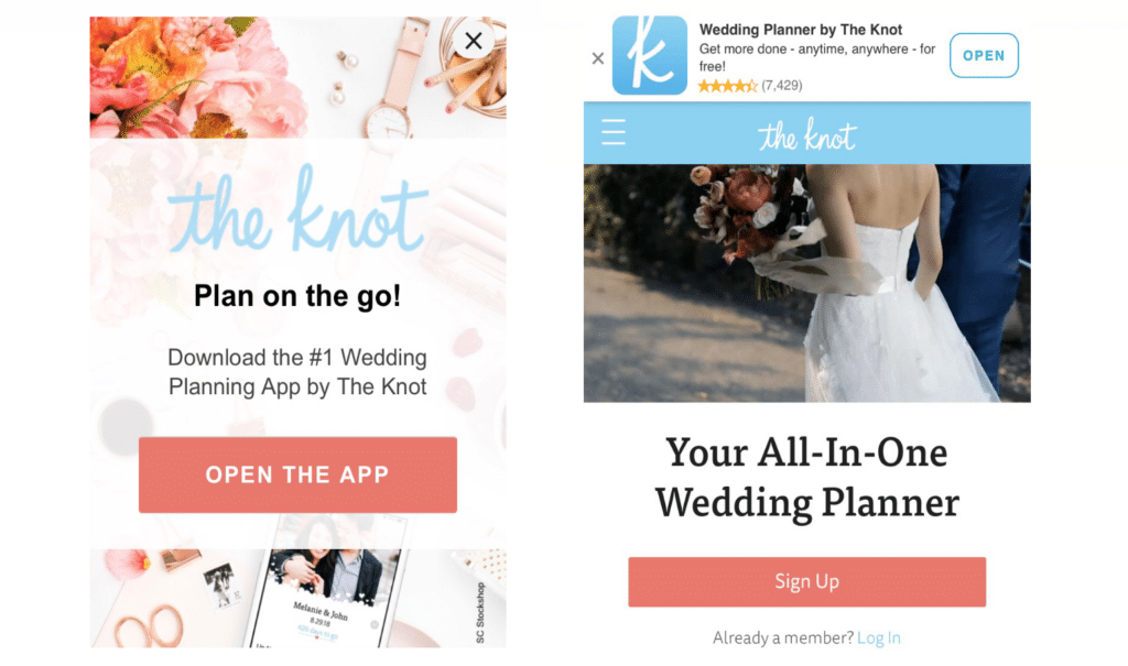 Promotional images for "The Knot" wedding planning app, featuring text about downloading the app and a bride with a bouquet.
