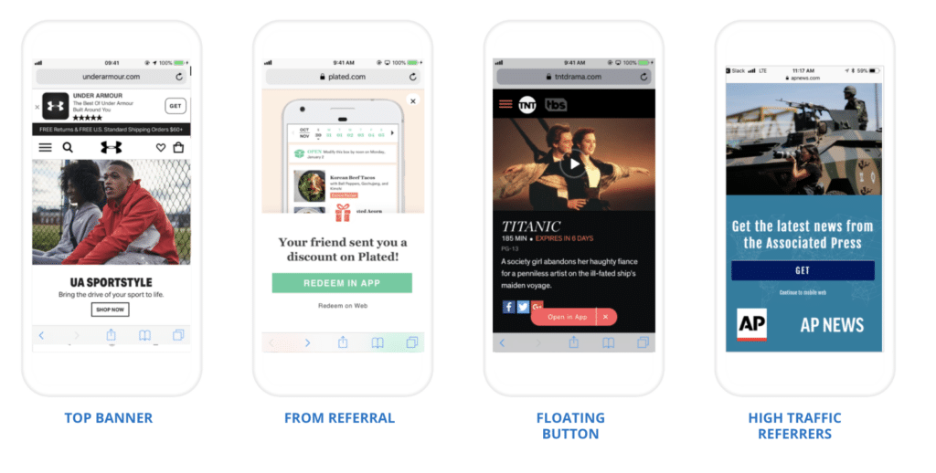 Four phone screens showing examples of app promotion: top banner, referral offer, floating button, and high-traffic referrer