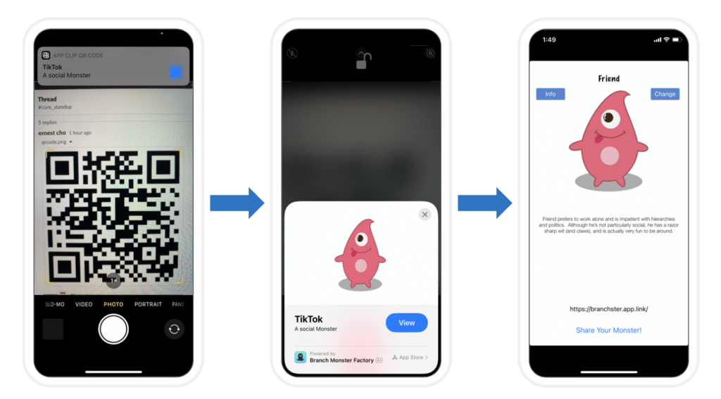 A sequence showing a phone scanning a QR code for TikTok, leading to a character named Friend with profile details and sharing options.