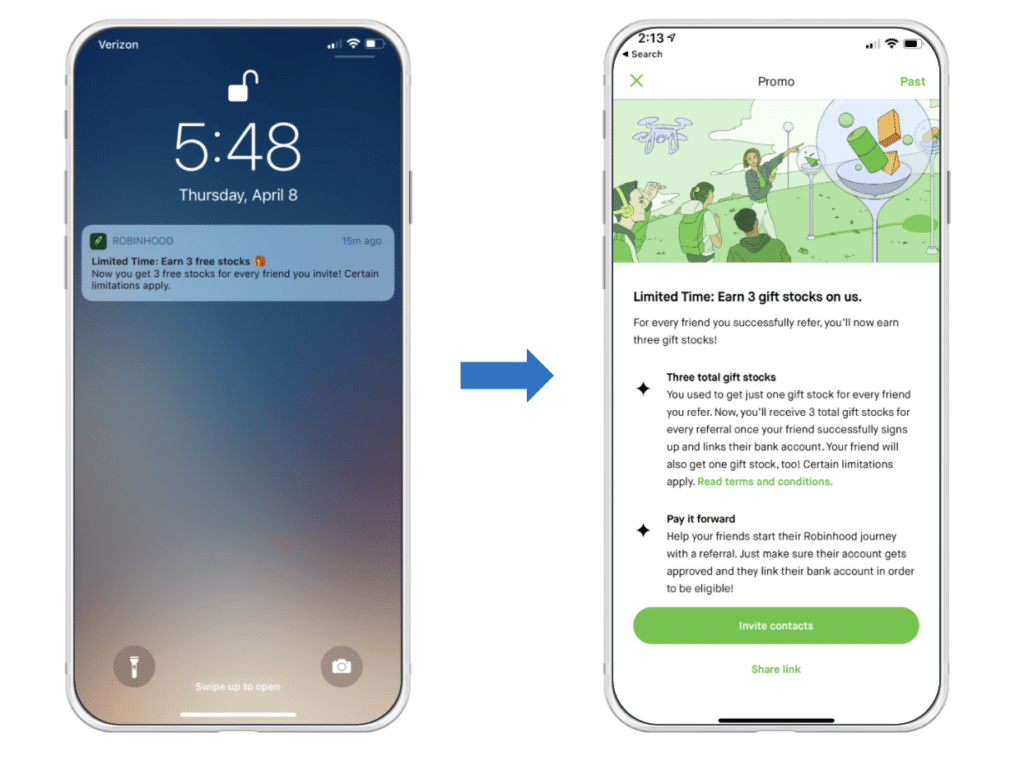 Two phone screens showing a Robinhood referral promo: left screen with a push notification offering 'Earn 3 free stocks,' right screen with promo details and options to invite contacts or share link