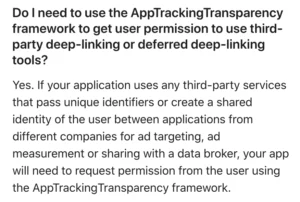 Text regarding requiring user permission for app tracking involving third-party services.