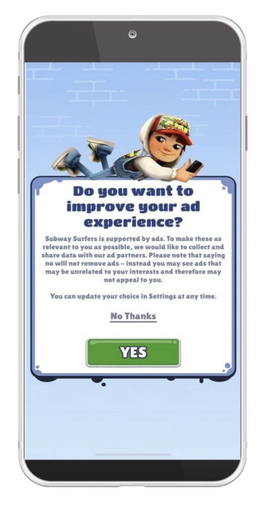 Mobile screen showing Subway Surfers prompt asking 'Do you want to improve your ad experience?' with 'No Thanks' and 'Yes' buttons