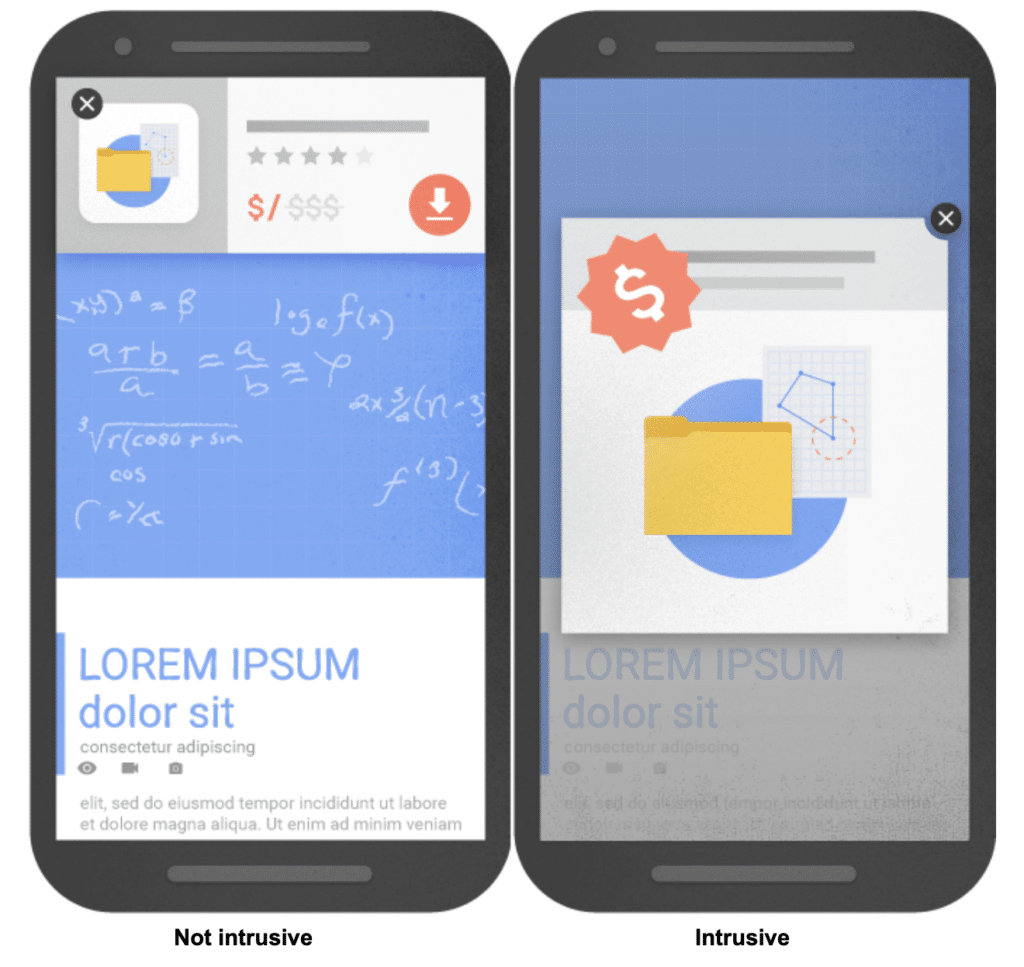 side-by-side graphic of two phones, one not displaying an intrusive interstitial banner and the other displaying an intrusive interstitial banner