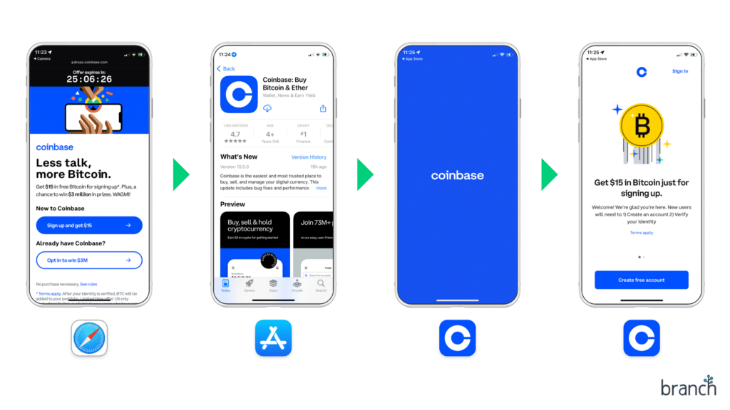 Onboarding user flow for users who downloaded the coinbase app using the QR code Superbowl commercial