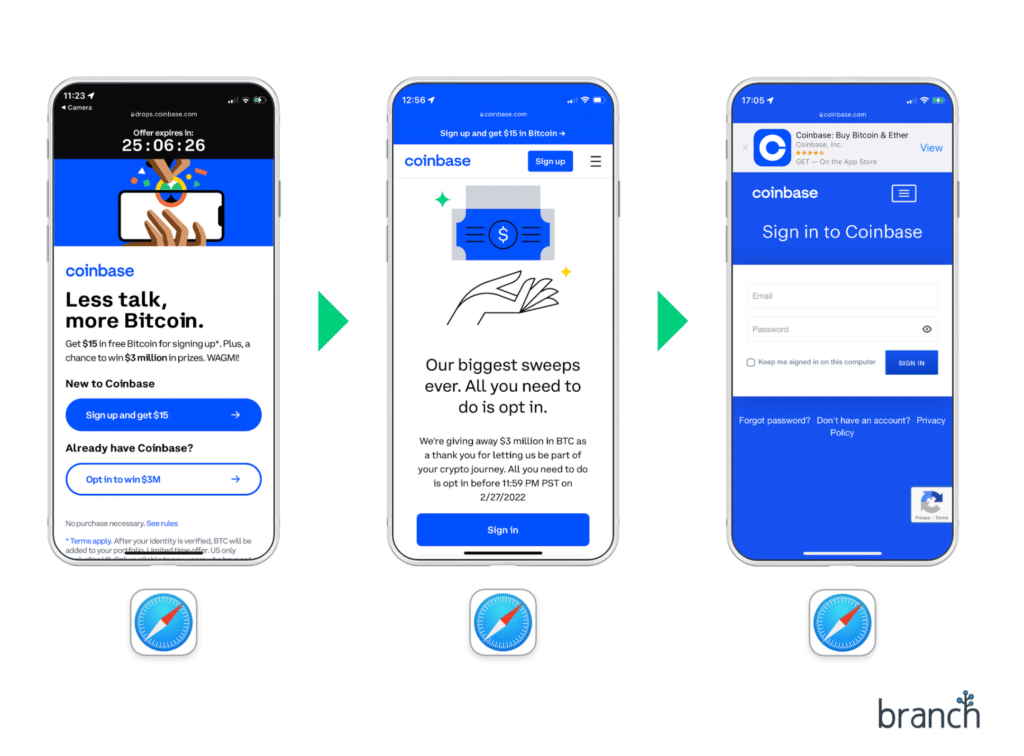 User flow for existing Coinbase customers if the app was not installed on their device 