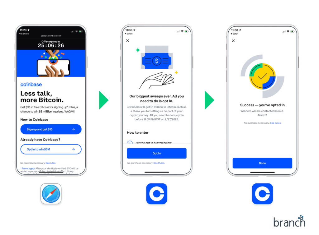 user flow for existing coinbase users who scanned the Superbowl QR code commercial 