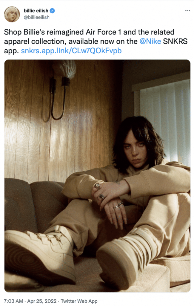 ALT TEXT: A Twitter post advertising Billie Eilish's partnership with Nike and her reimagined Air Force 1 sneakers.