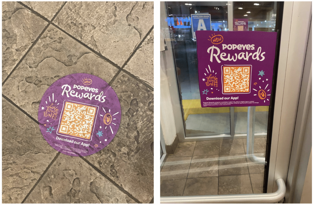 Two photos, one of a purple and orange poster on a door with a QR code and the second of a purple and orange sticker on the floor of a restaurant with a QR code, both used to download the Popeyes app to get rewards.