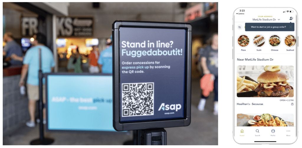 Two images, a photo of a sign at a location that says, "Stand in line? Fuggedaboutit! Order concessions for express pickup by scanning the QR code." The sign also contains the QR code. And an image of a mobile phone open to the app where someone can order concessions for express pick up at MetLife Stadium.