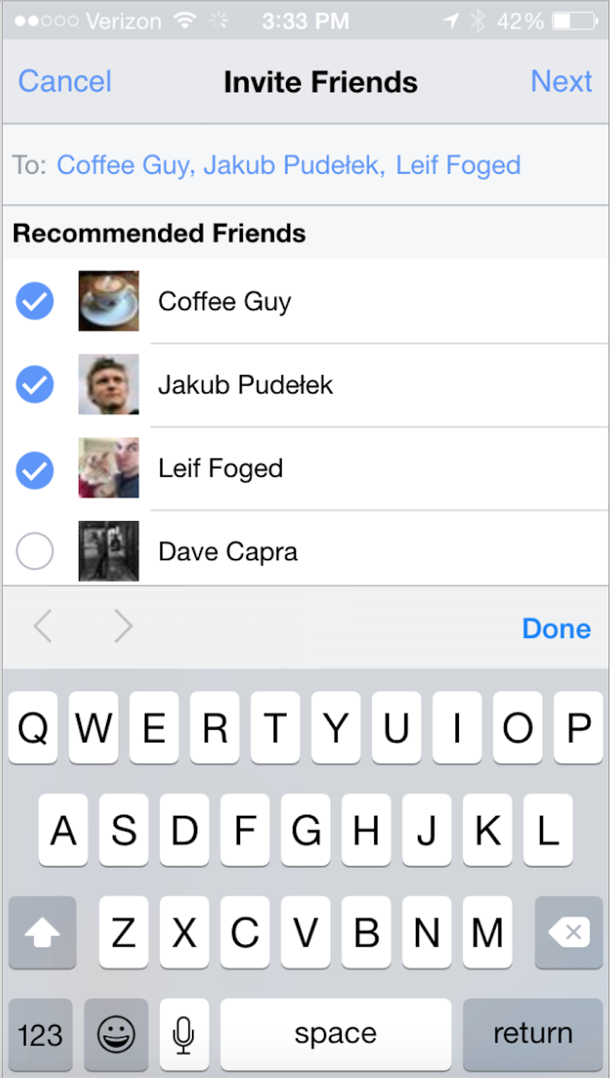 Facebook app invites friends screen