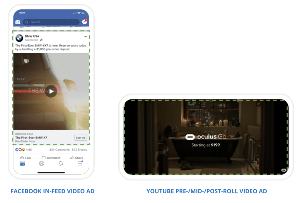 Image of two video ad formats: Facebook ad for BMW X7 on the left and YouTube ad for Oculus Go on the right, each on a smartphone display.