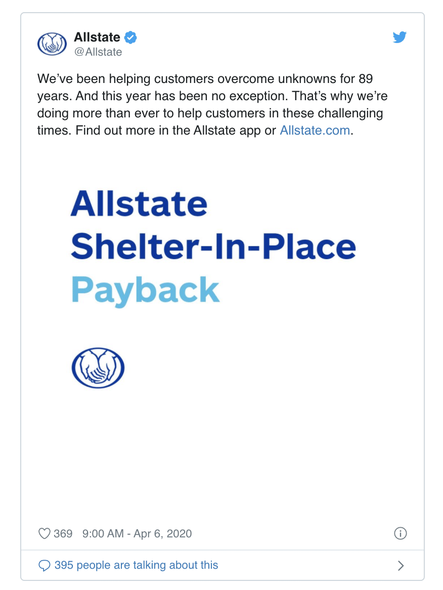Allstate tweet about Shelter-In-Place Payback program against a blue background.